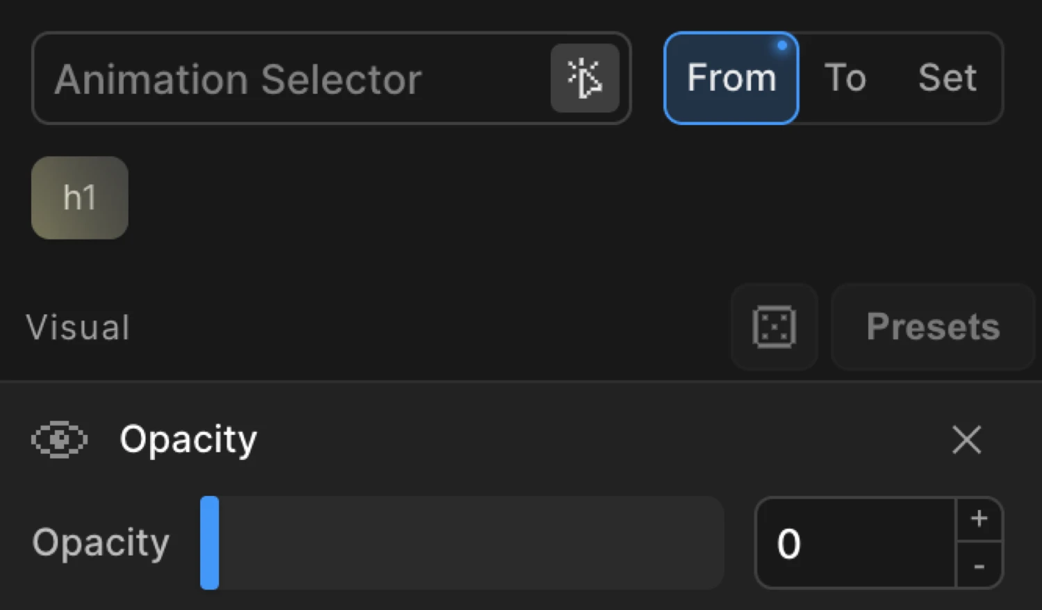 From mode — opacity set to 0 for a fade-in entrance