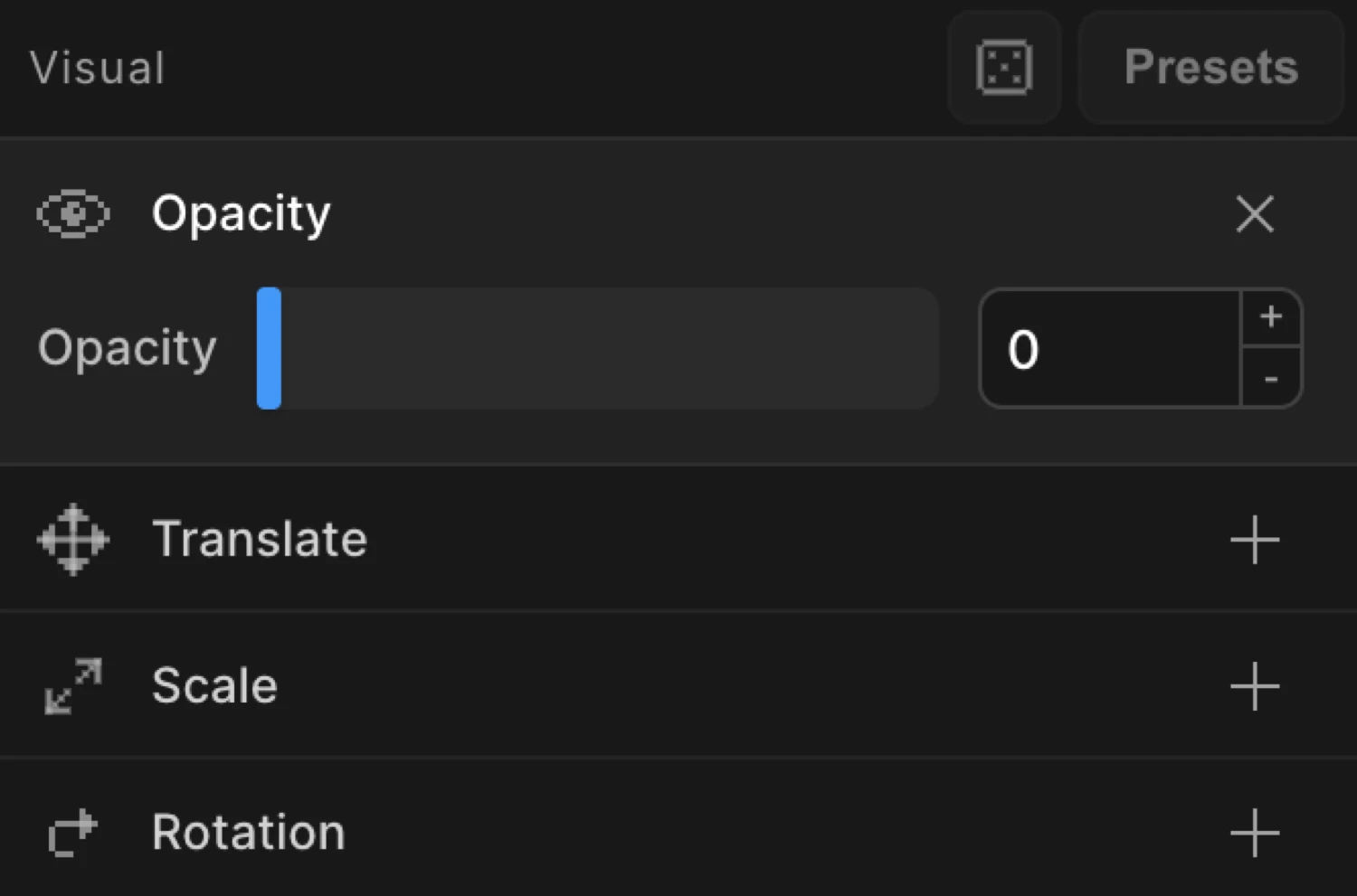 To mode — opacity set to 0 for a fade-out