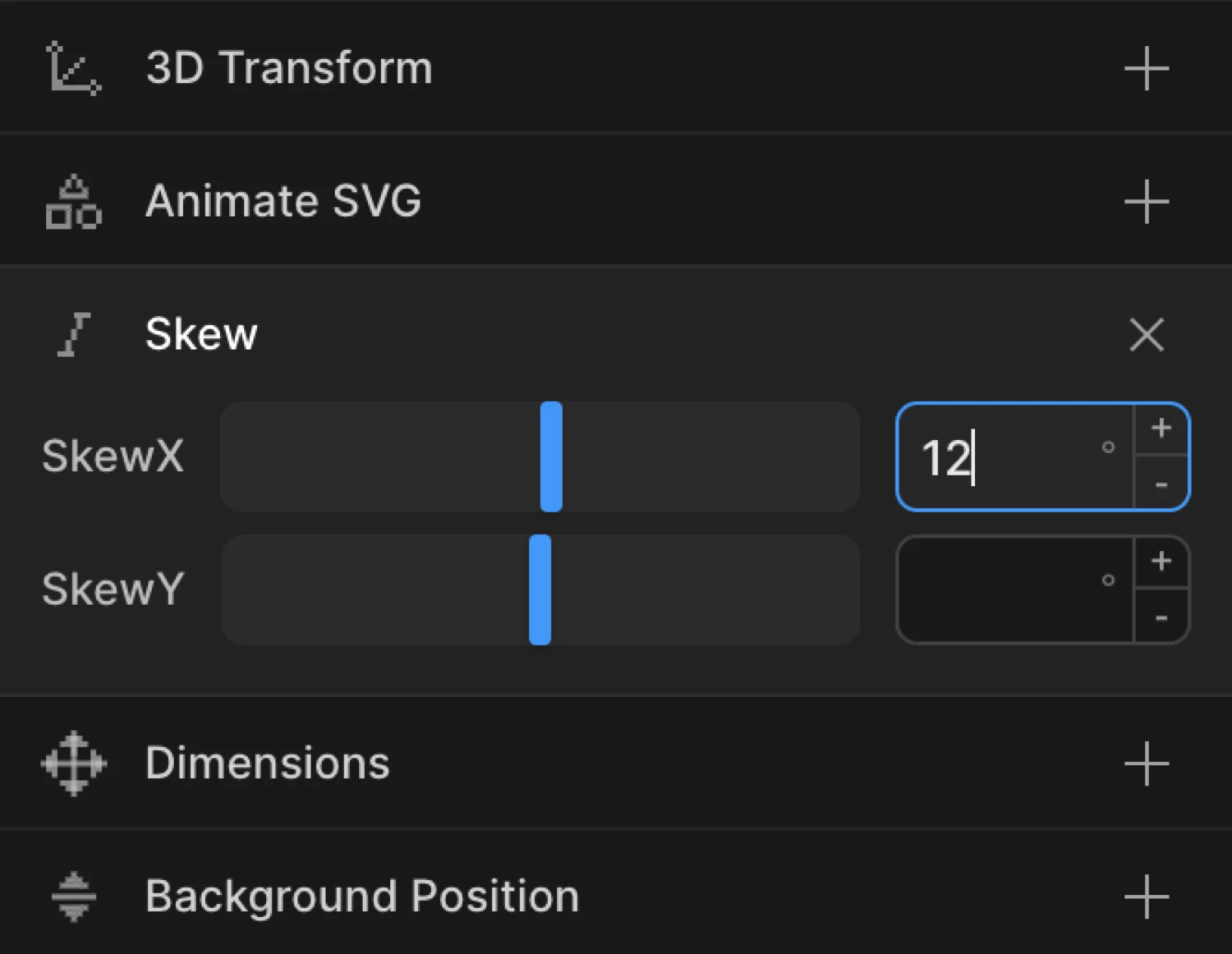 Skew in From mode — skewX set to 12 for an angled entrance