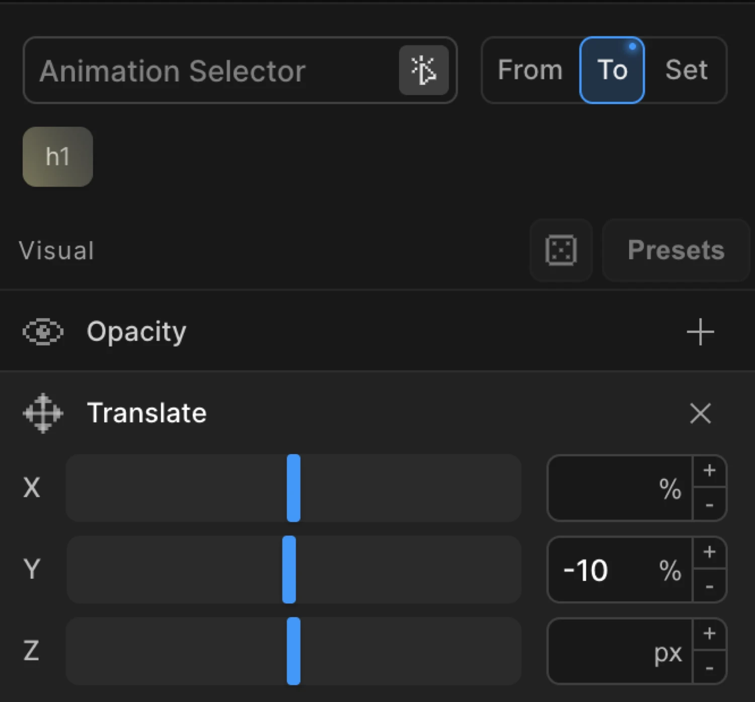 Translate in To mode — Y set to -10px for a hover lift