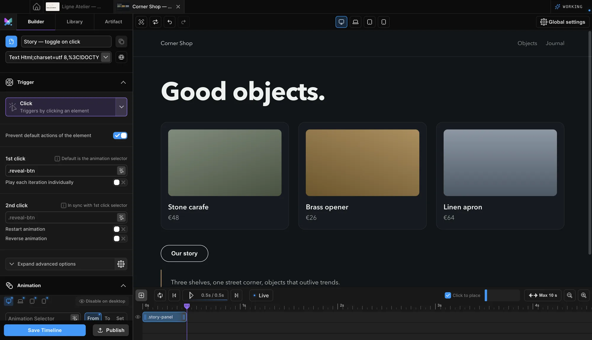Motion.page Builder Click trigger panel: the 'Prevent default actions of the element' switch, 1st click scoped to .reveal-btn, 2nd click in sync with the 1st click selector, and the Restart animation and Reverse animation switches