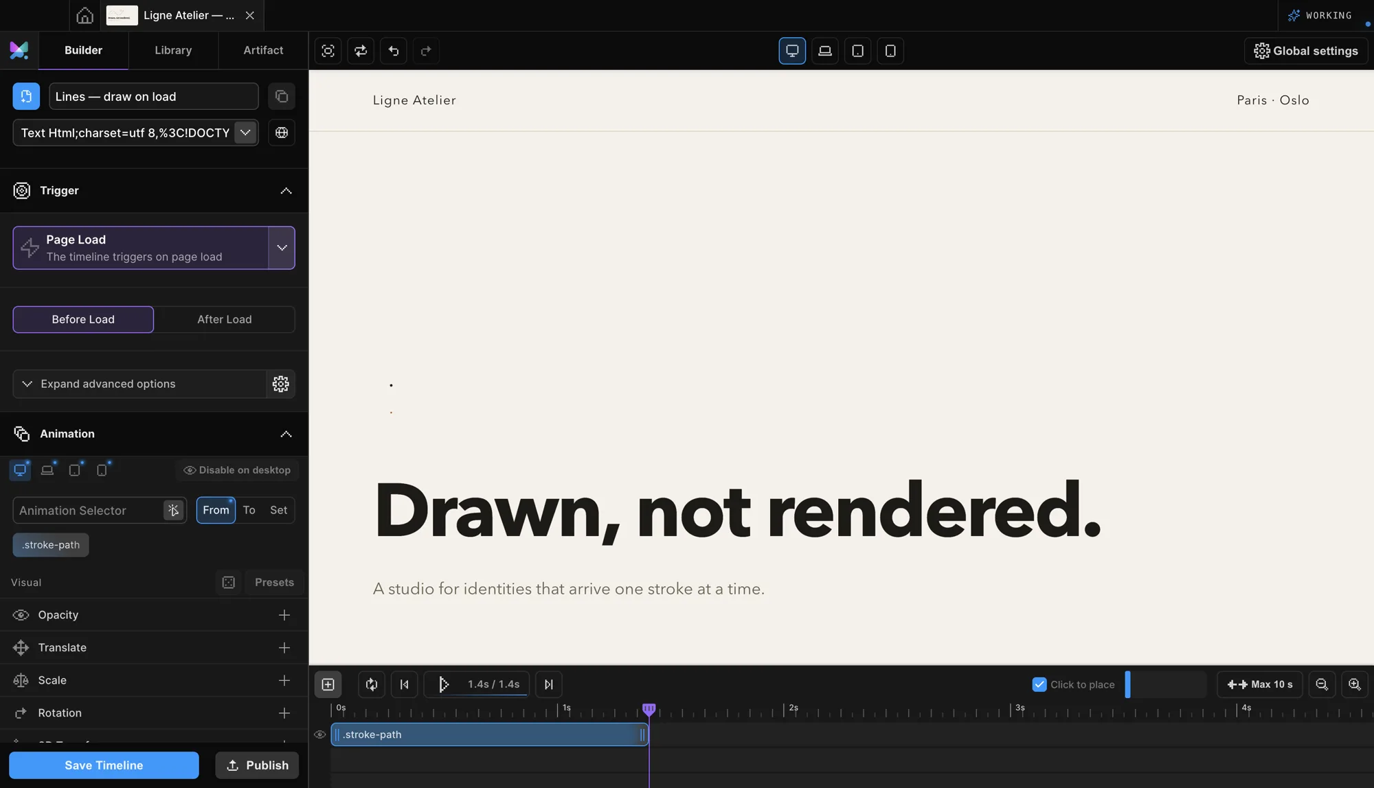 Motion.page Builder showing a 'Lines · draw on load' timeline: the Page Load trigger and the .stroke-path selector on the From tab, with the line art at its undrawn starting points
