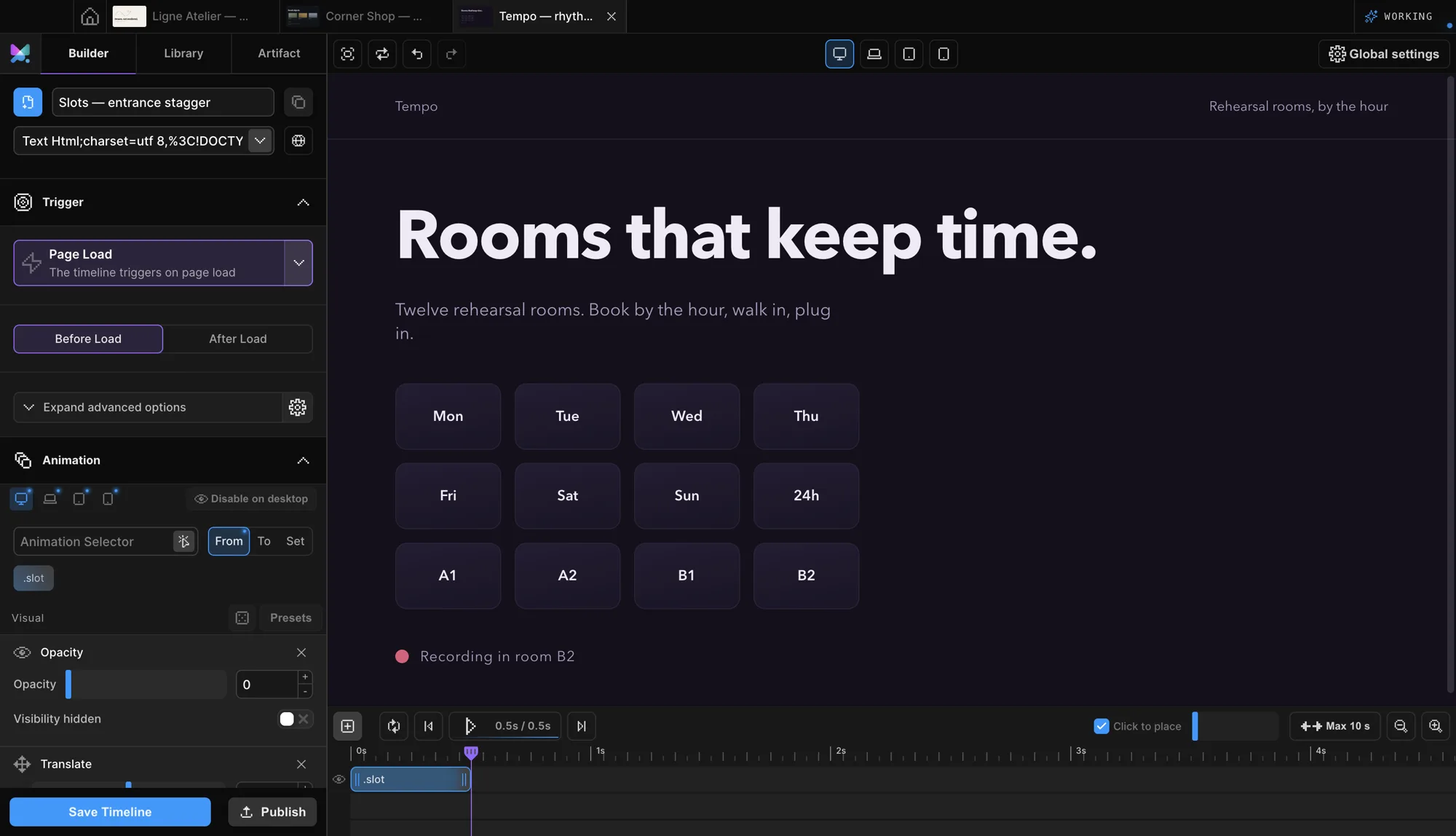 Motion.page Builder with the Page Load trigger panel (Before Load and After Load switch) and the .slot node's From opacity set to 0, over the Tempo demo site