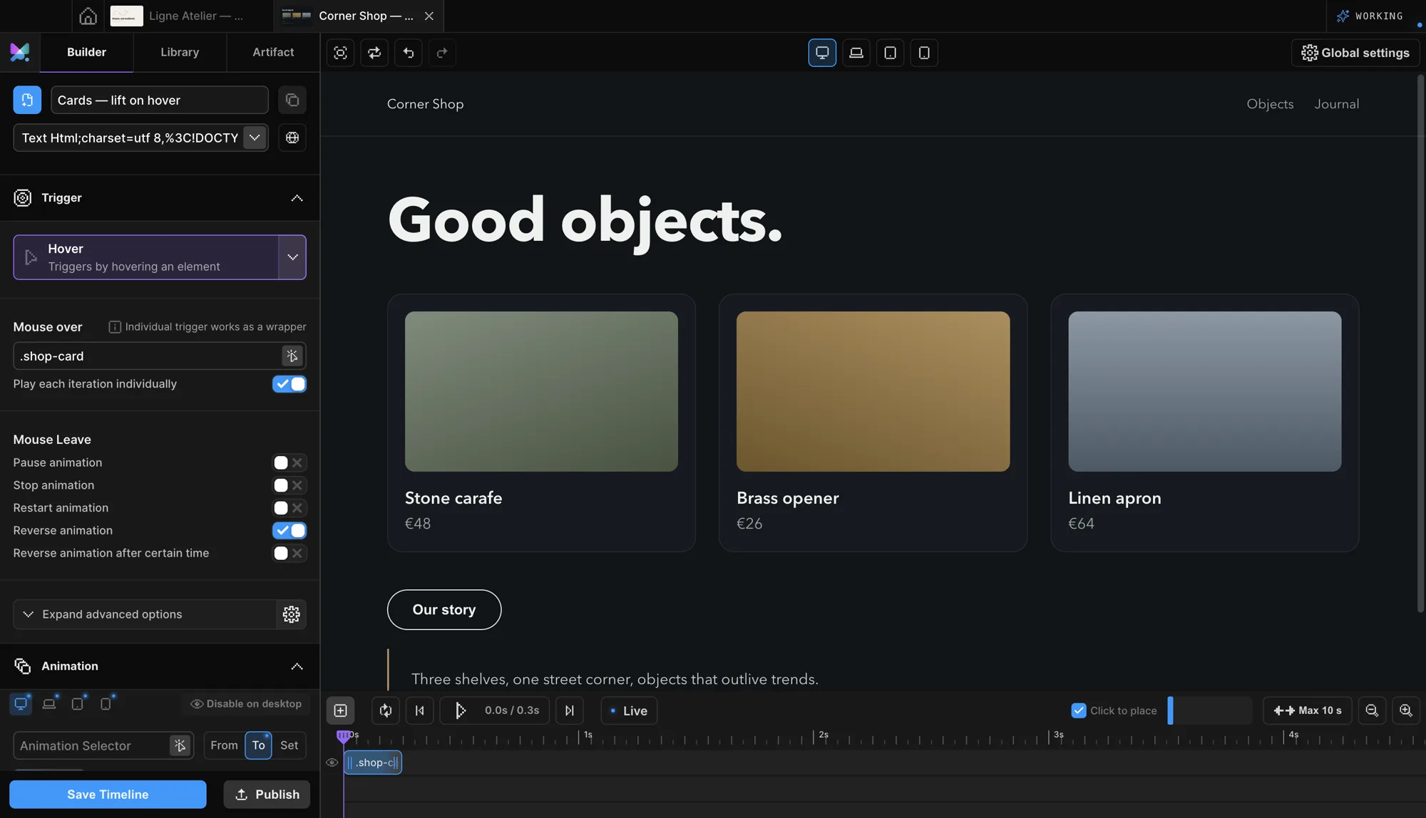 Motion.page Builder Hover trigger panel: Mouse over scoped to .shop-card, Play each iteration individually on, and the Mouse Leave switch list with Reverse animation enabled