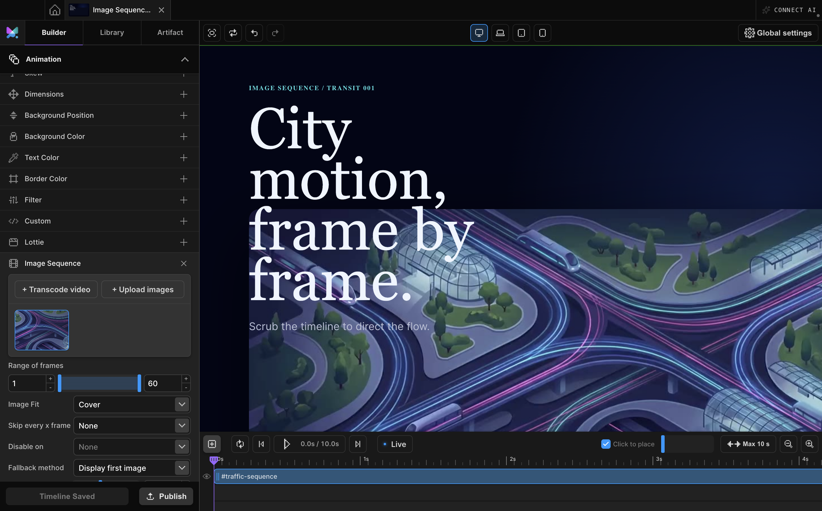 Motion.page Desktop showing the real transit sequence, frame range, canvas preview, and timeline