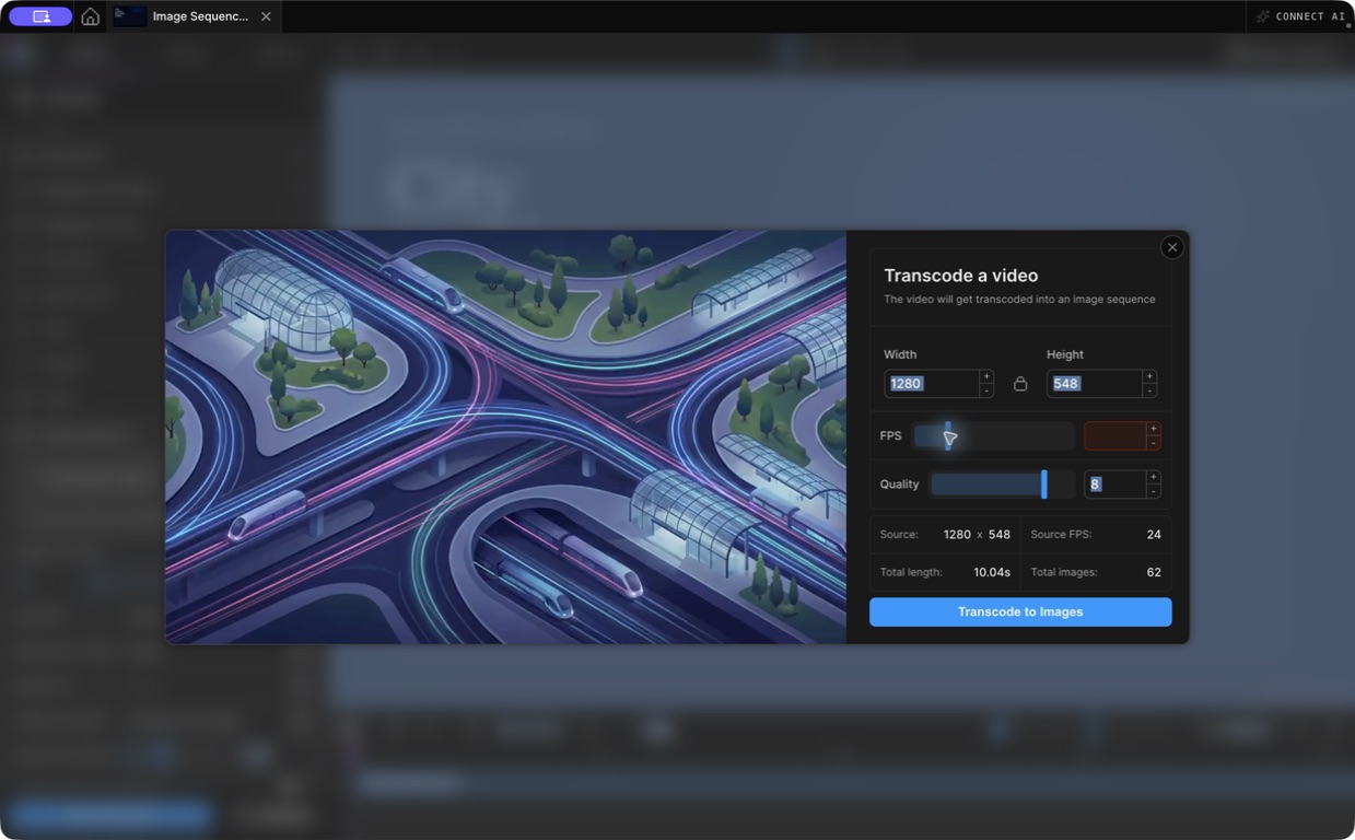 Motion.page video transcode dialog with source preview, dimensions, frame rate, quality, and frame count
