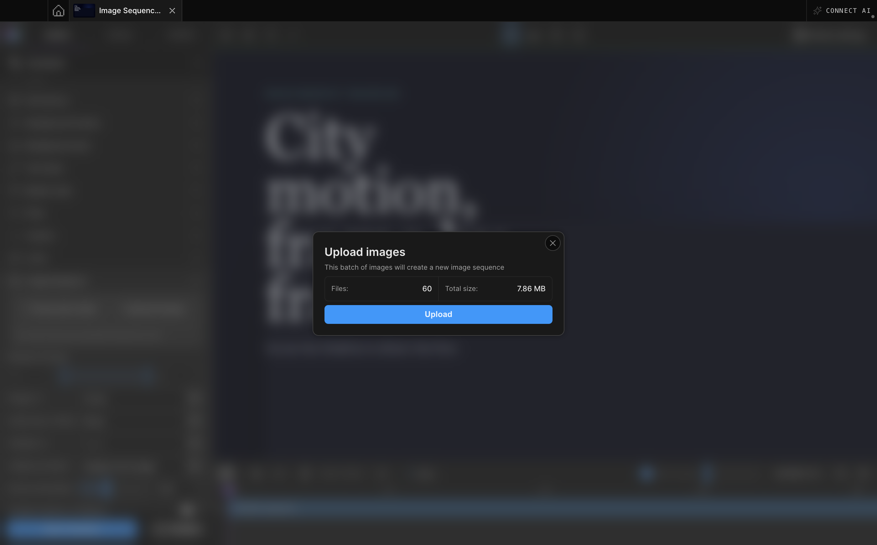 Motion.page upload dialog confirming a batch of 60 image sequence frames