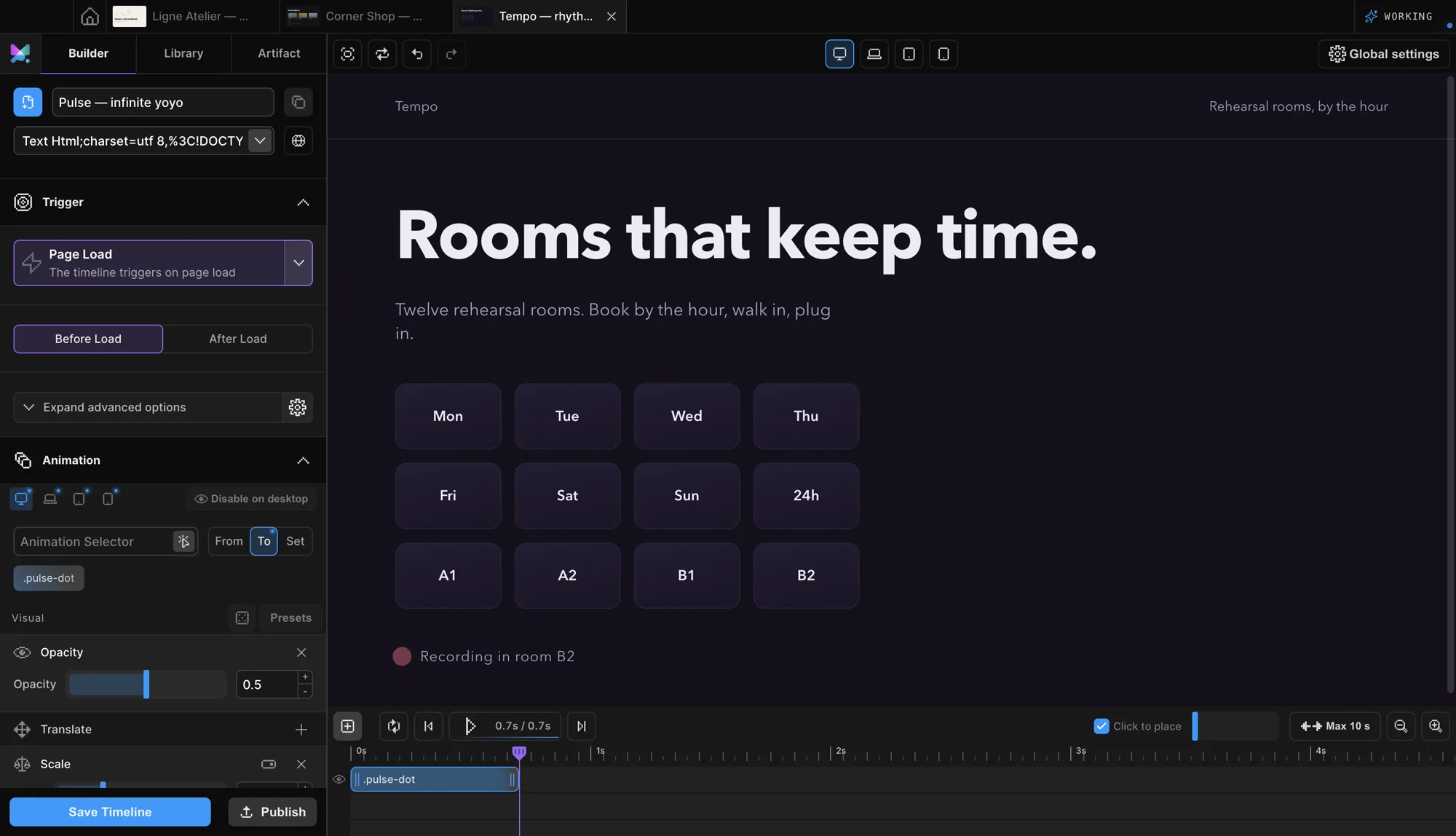 Motion.page Builder Pulse timeline with infinite yoyo repeat on the .pulse-dot node's scale and opacity, over the Tempo demo site