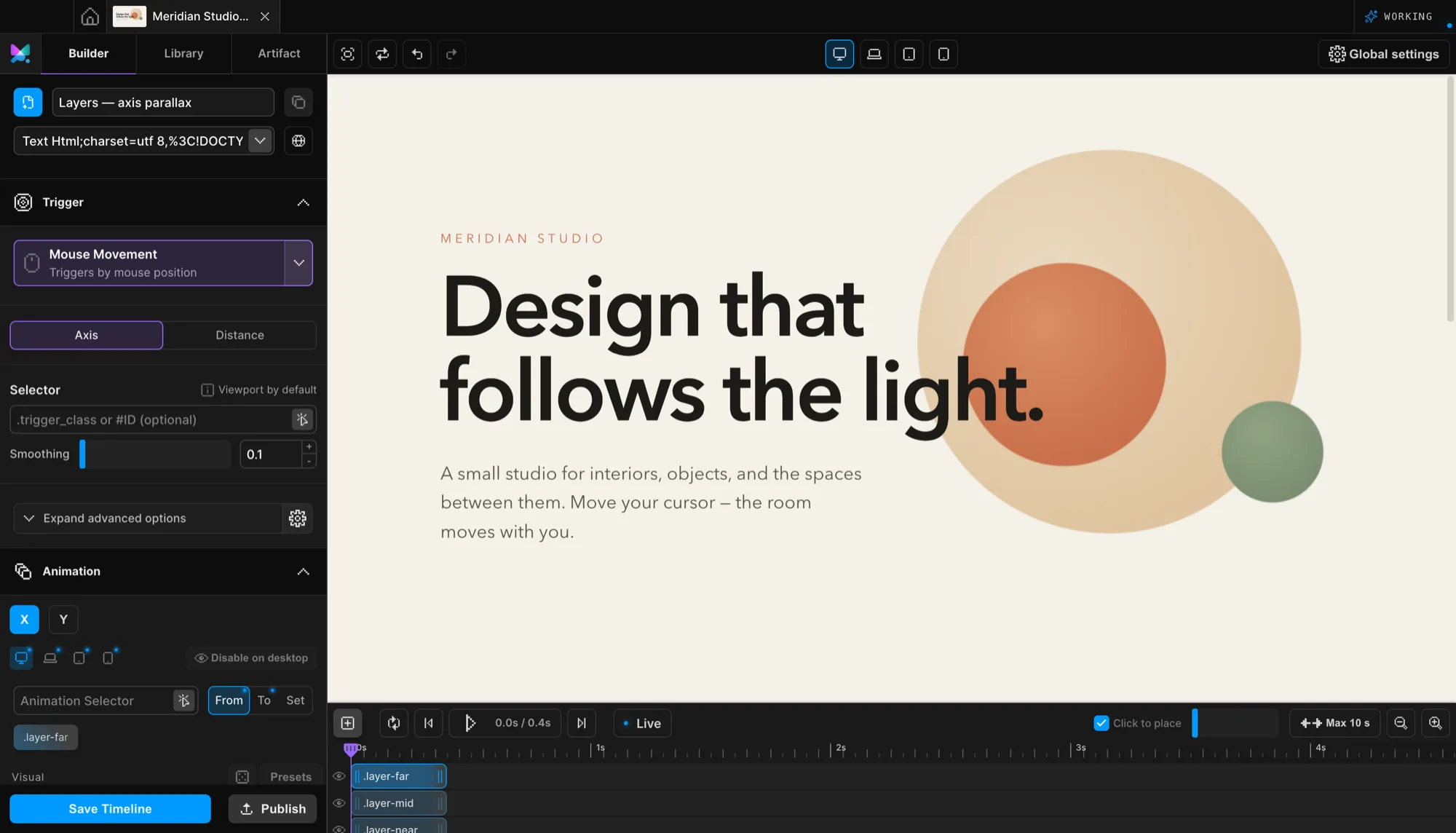 Motion.page Builder with the Mouse Movement trigger panel in Axis mode and three parallax layers on the timeline