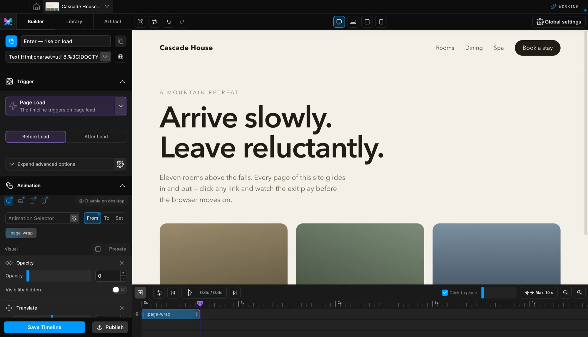 Motion.page Builder with the Page Load trigger panel and an entrance timeline on the page wrapper of a demo hotel site