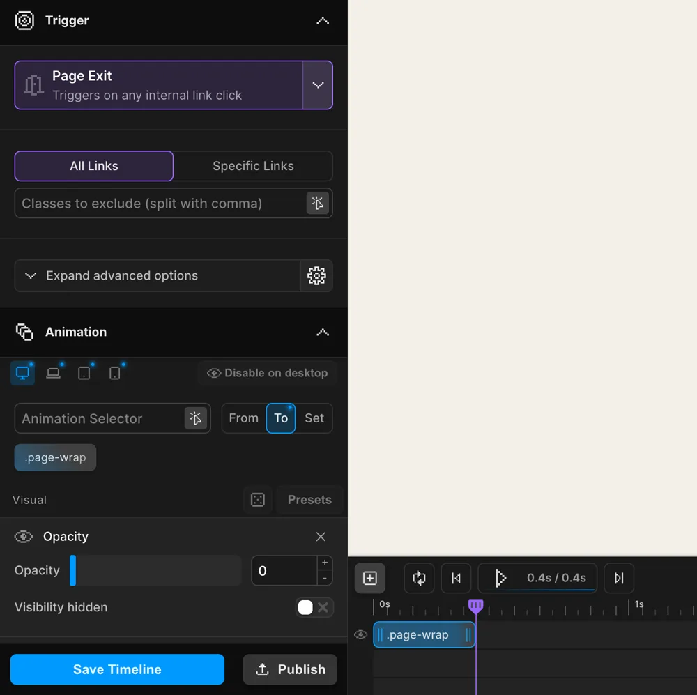 Page Exit trigger panel with All Links and Specific Links modes and a class exclusion input in the Motion.page Builder