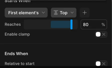 The Scroll trigger's position controls in the Motion.page Builder: Starts When set to the first element's top reaching 80%, with an Ends When section and its Relative to start switch