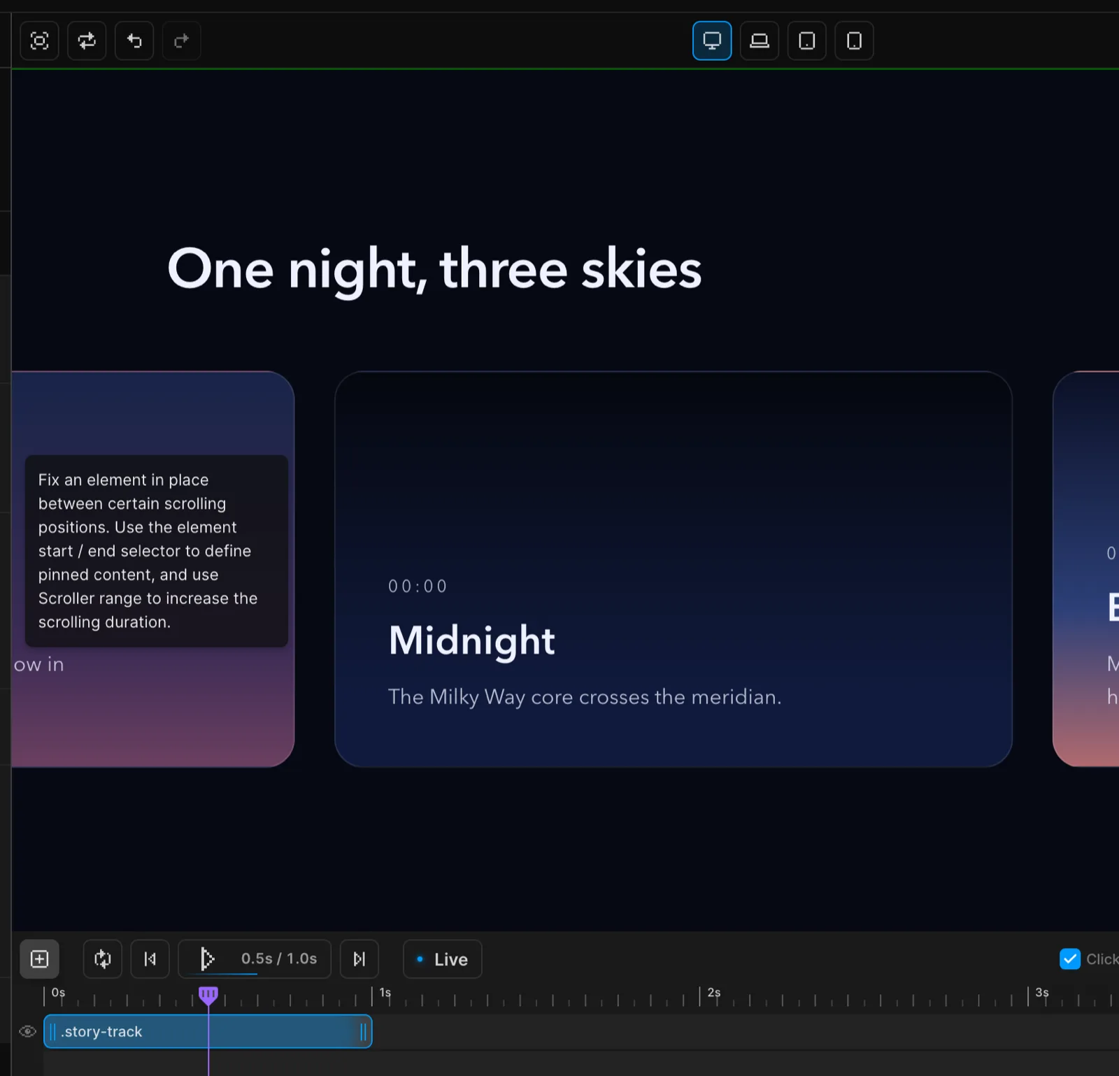 Motion.page Builder pinning a section with Lock to scrollbar enabled while a horizontal story scrubs