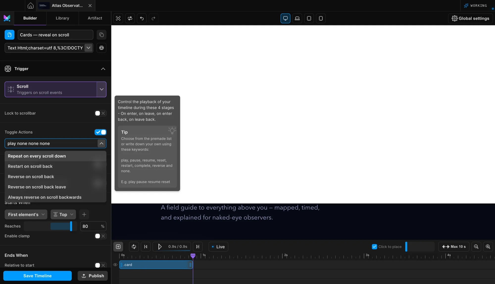 Toggle Actions dropdown open in the Motion.page Builder showing presets like Reverse on scroll back