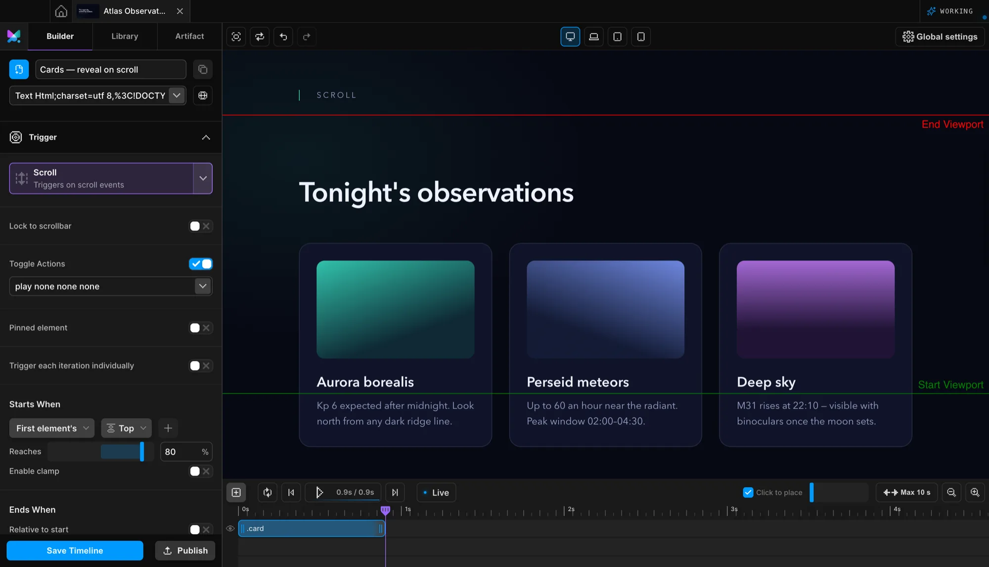 Motion.page Builder with the Scroll trigger panel open and live Start and End viewport markers over a demo page