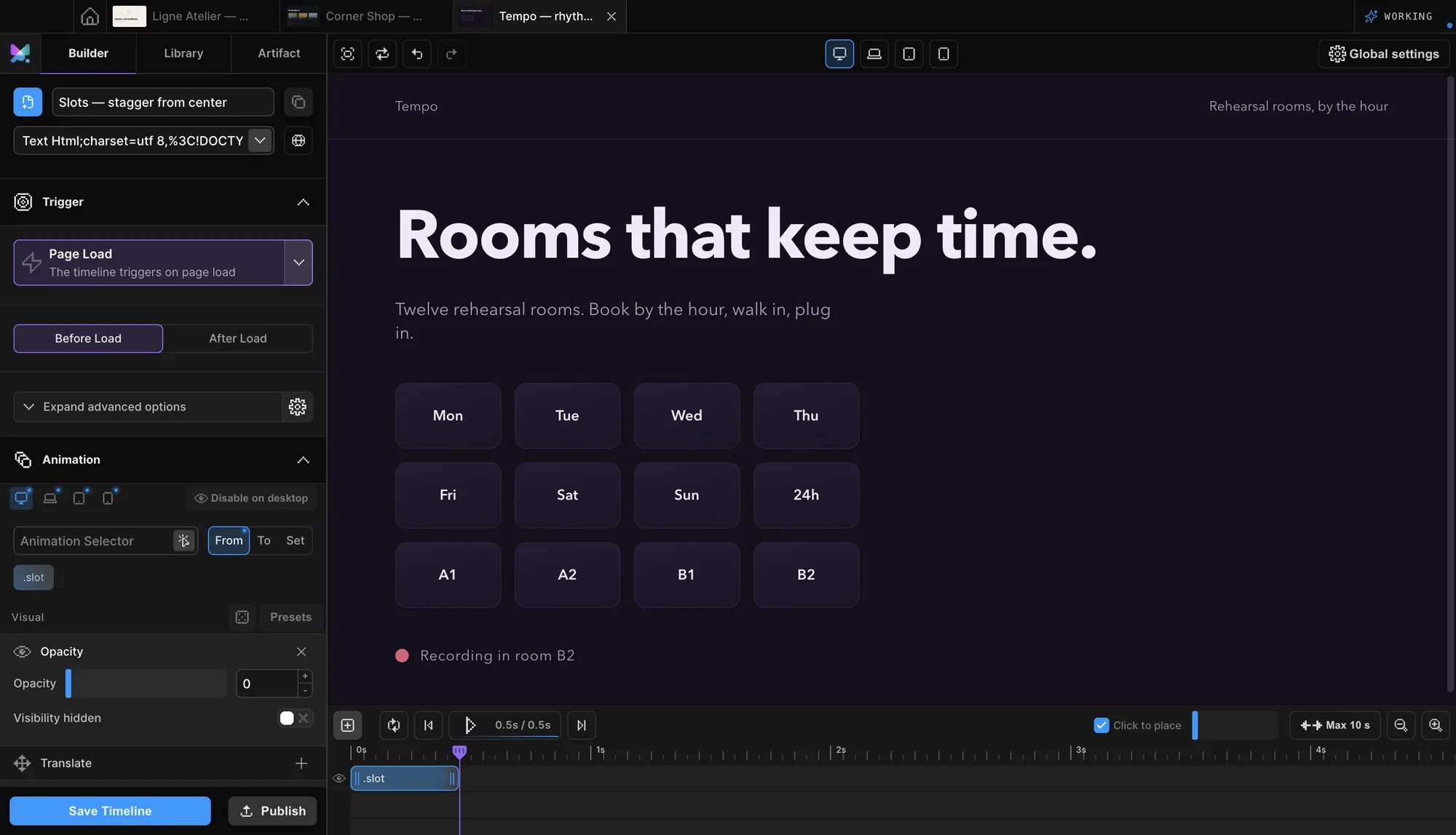 Motion.page Builder Slots timeline with stagger from center over the Tempo demo site grid